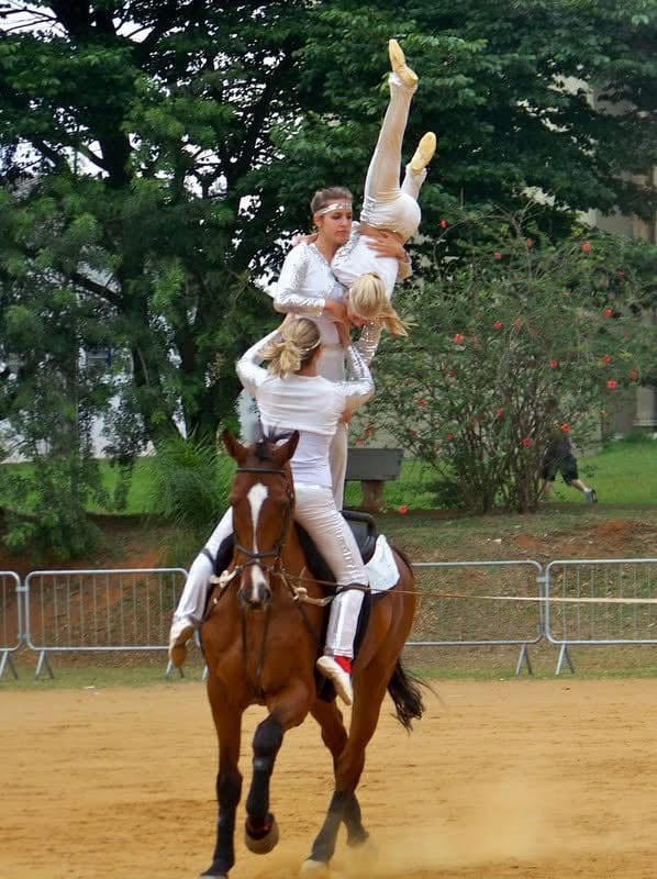 Dupla de atletas executando um movimento de volteio sobre cavalo em galope, durante competição.