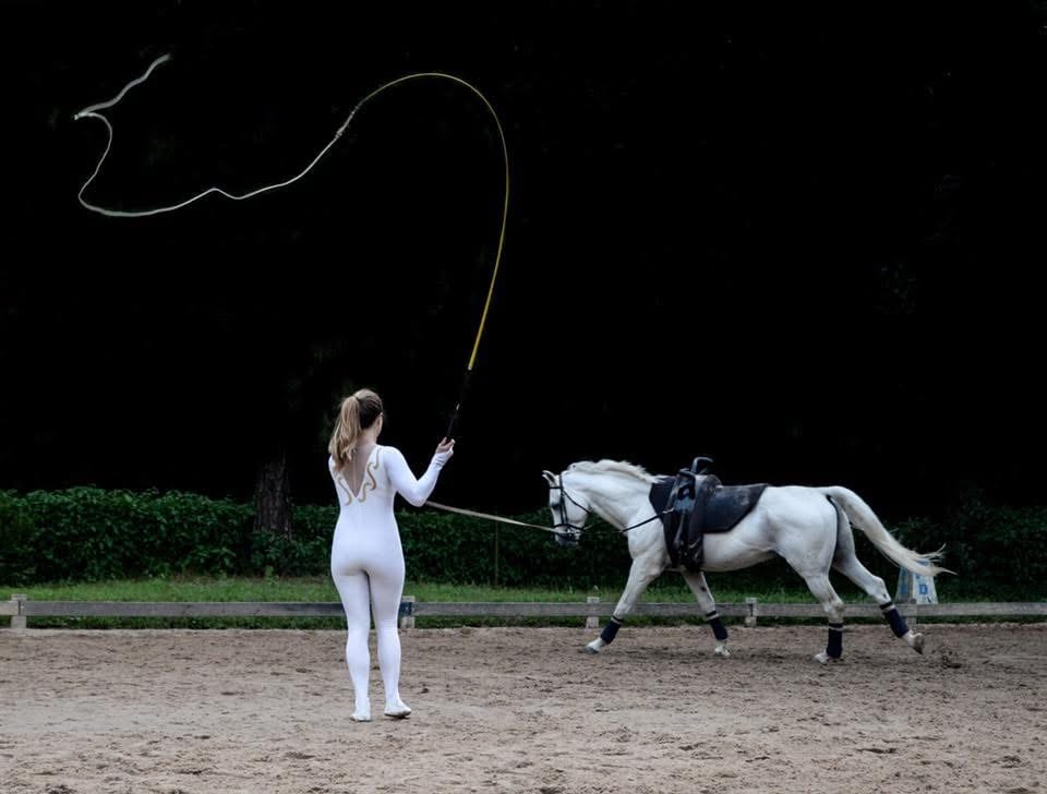 Stephanie Bürgi de costas, de uniforme branco, conduzindo na guia um cavalo branco dentro do picadeiro.